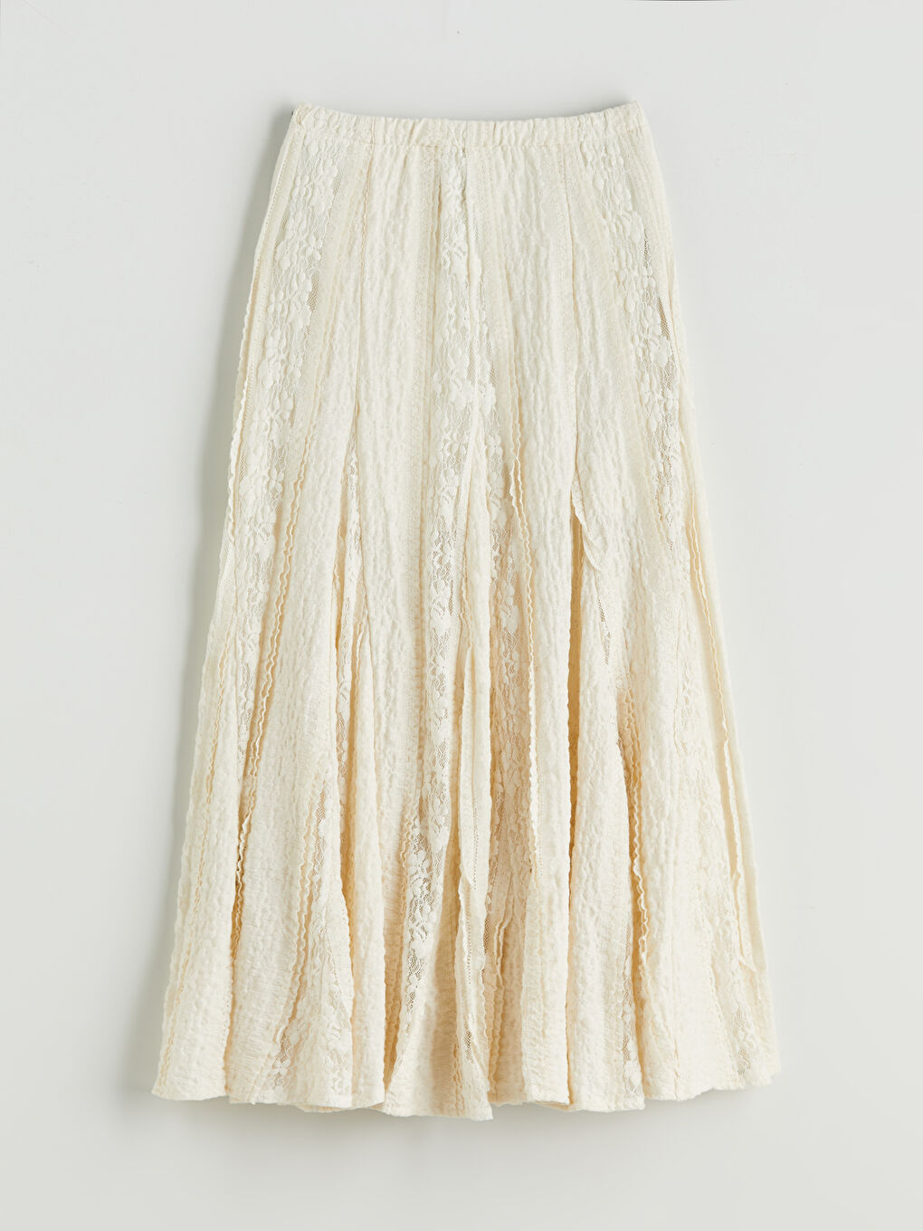 Ekru Beli Lastikli Dantelli Pileli Etek-5