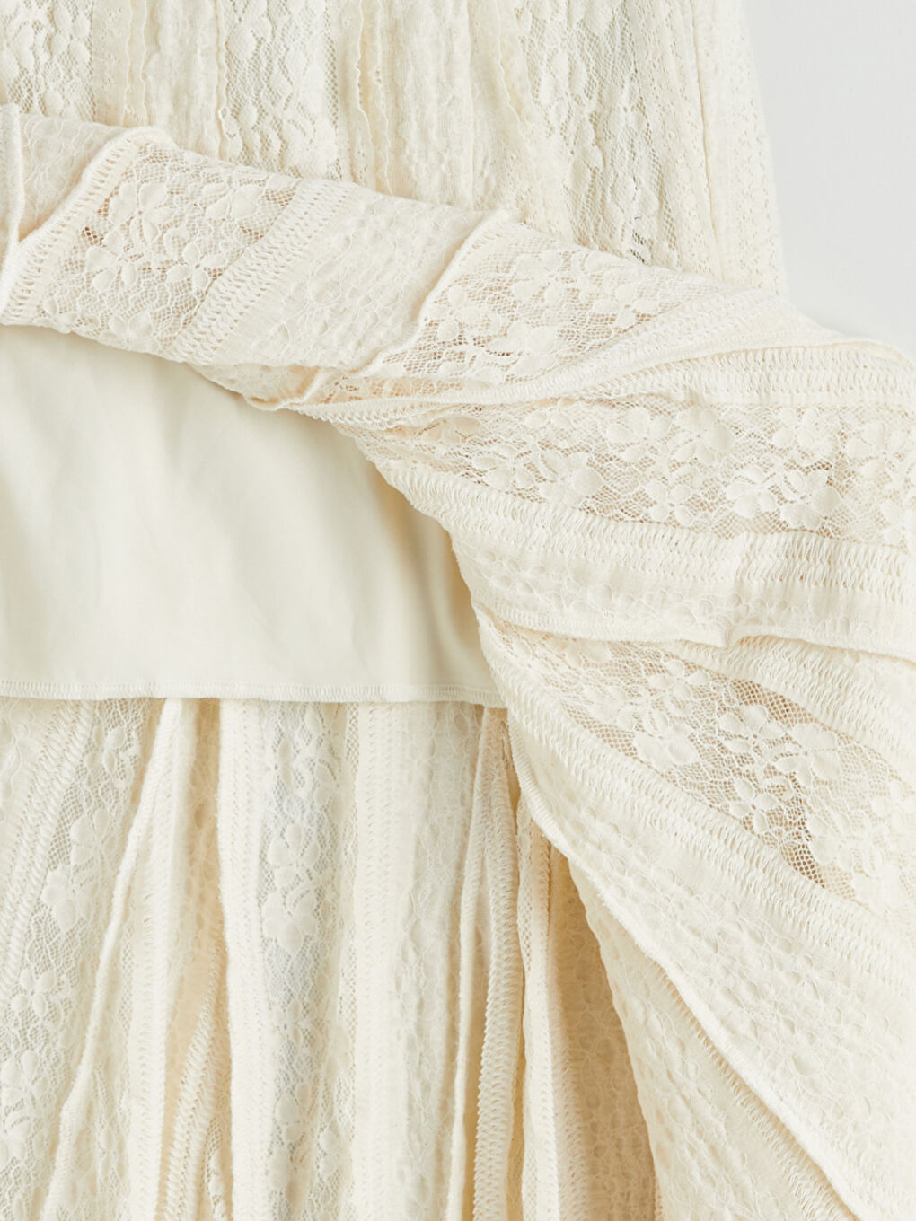 Ekru Beli Lastikli Dantelli Pileli Etek-6