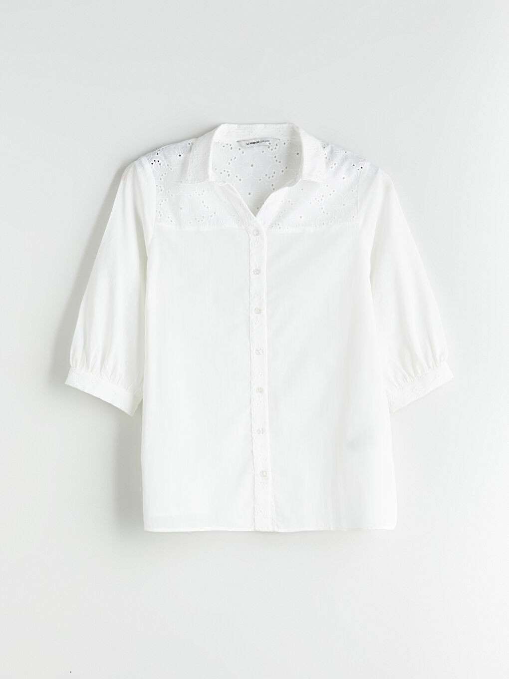 Ekru Ajurlu Brode Detaylı Kadın Gömlek-4