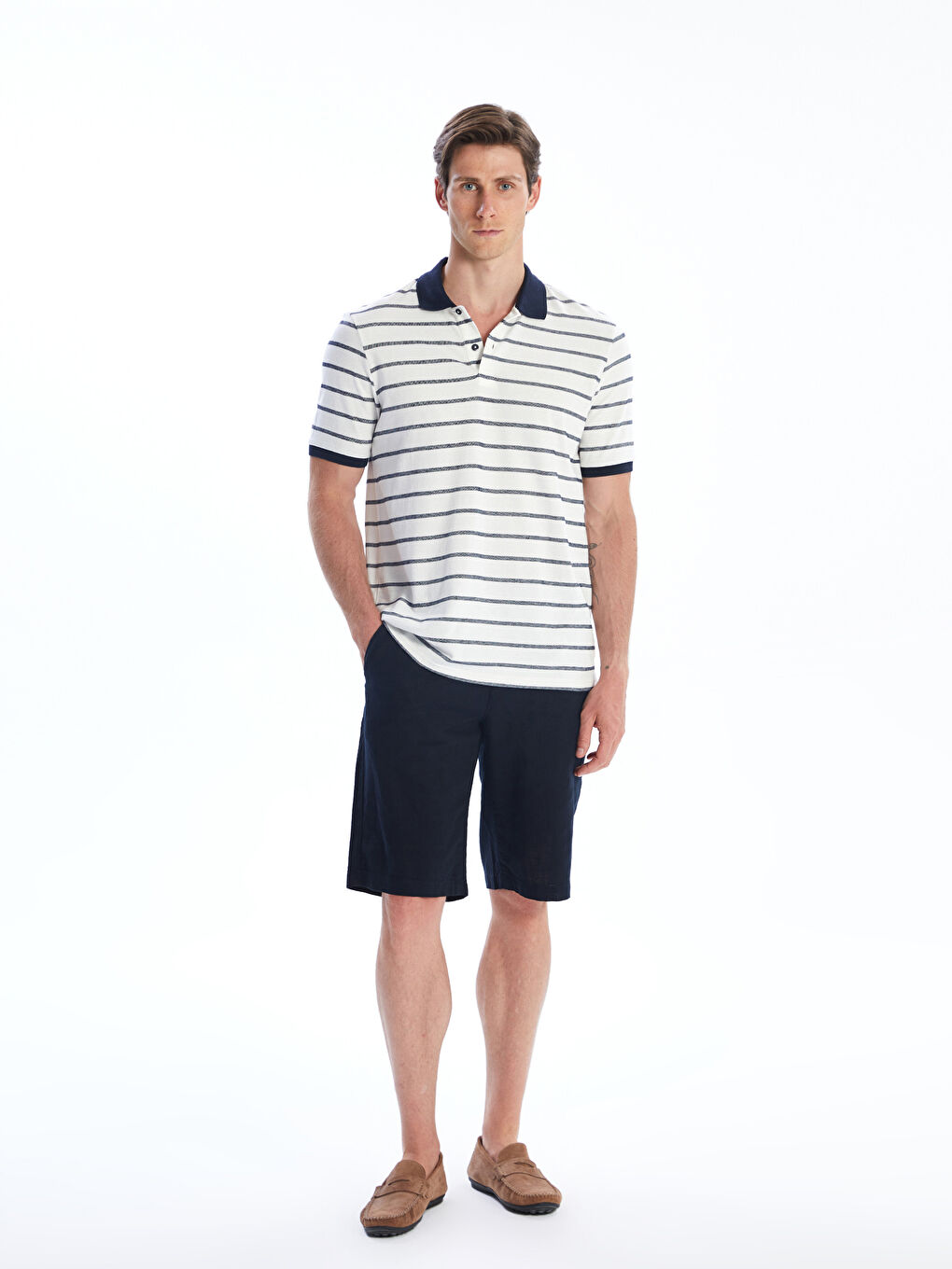 Ekru Polo Yaka Çizgili Penye Erkek Tişört-1