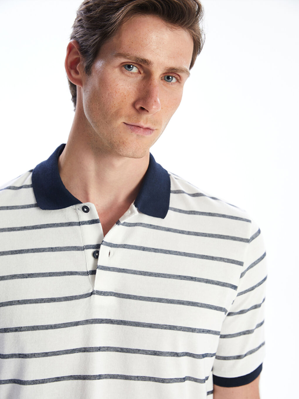 Ekru Polo Yaka Çizgili Penye Erkek Tişört-2