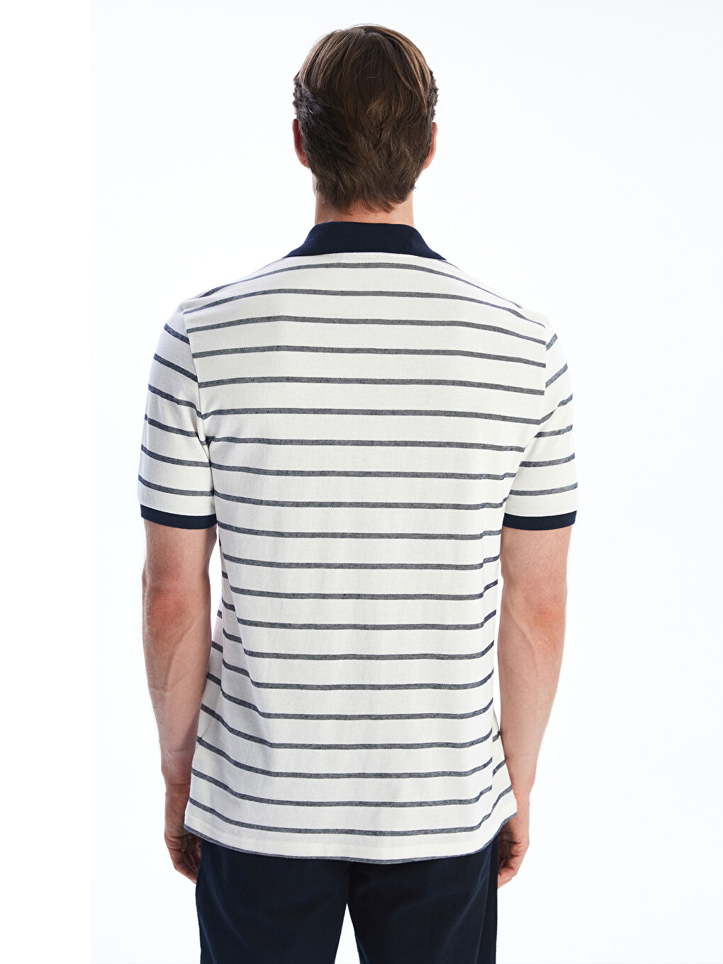 Ekru Polo Yaka Çizgili Penye Erkek Tişört-3