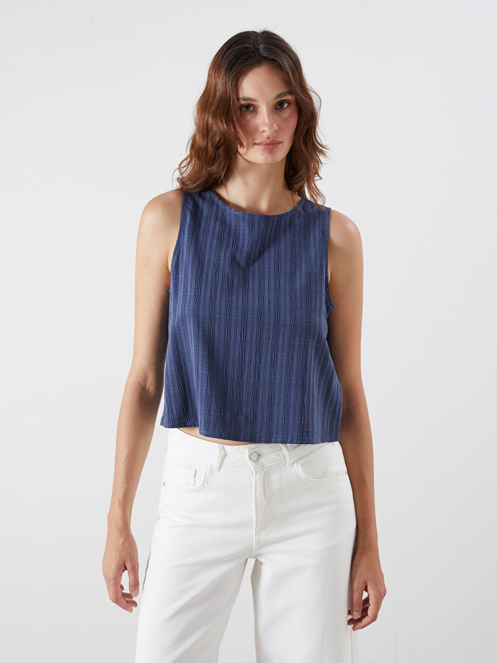 Lacivert Bisiklet Yaka Dokulu Bluz