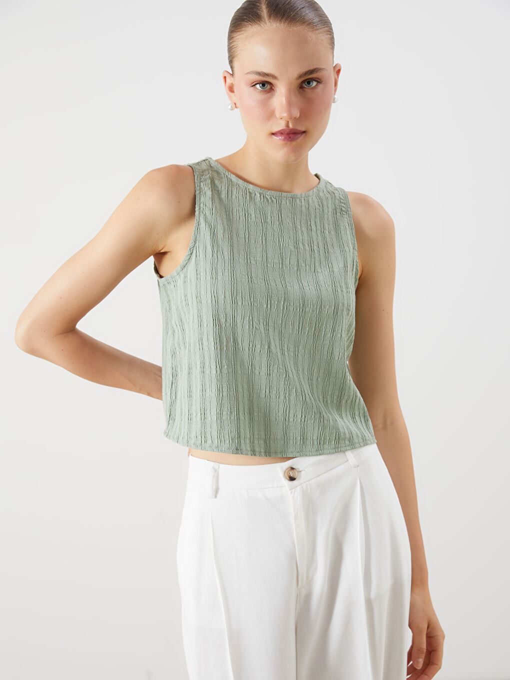 Yeşil Bisiklet Yaka Dokulu Bluz