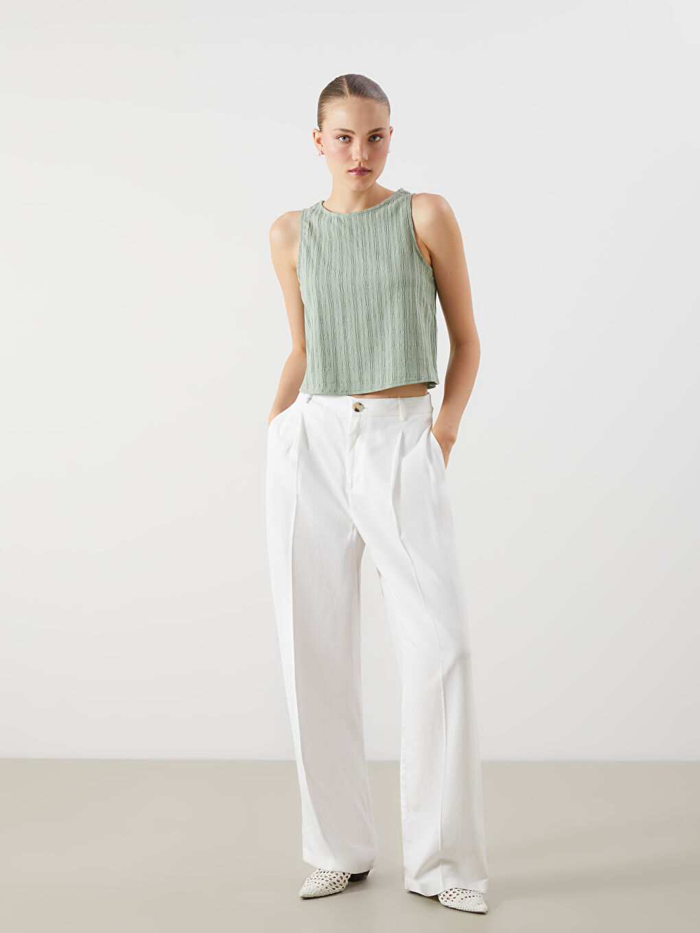 Yeşil Bisiklet Yaka Dokulu Bluz-1