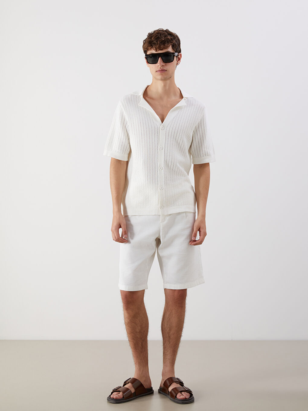 Ekru Polo Yaka Kısa Kollu Erkek Triko Kazak-1