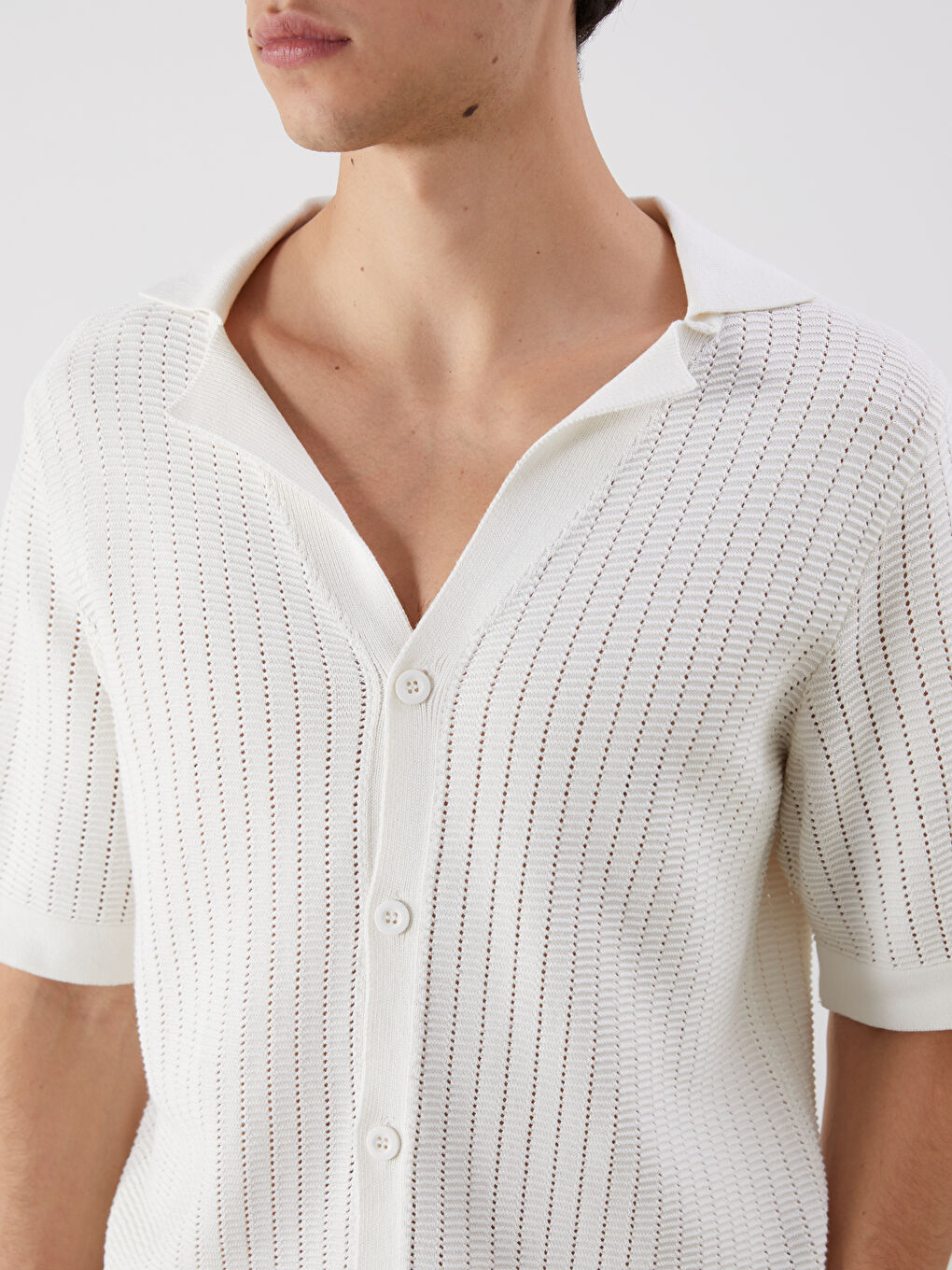 Ekru Polo Yaka Kısa Kollu Erkek Triko Kazak-2