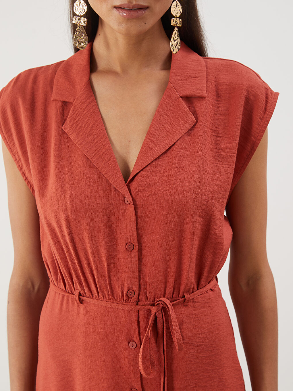 Turuncu Beli Kuşaklı Büzglü Gömlek Elbise-2