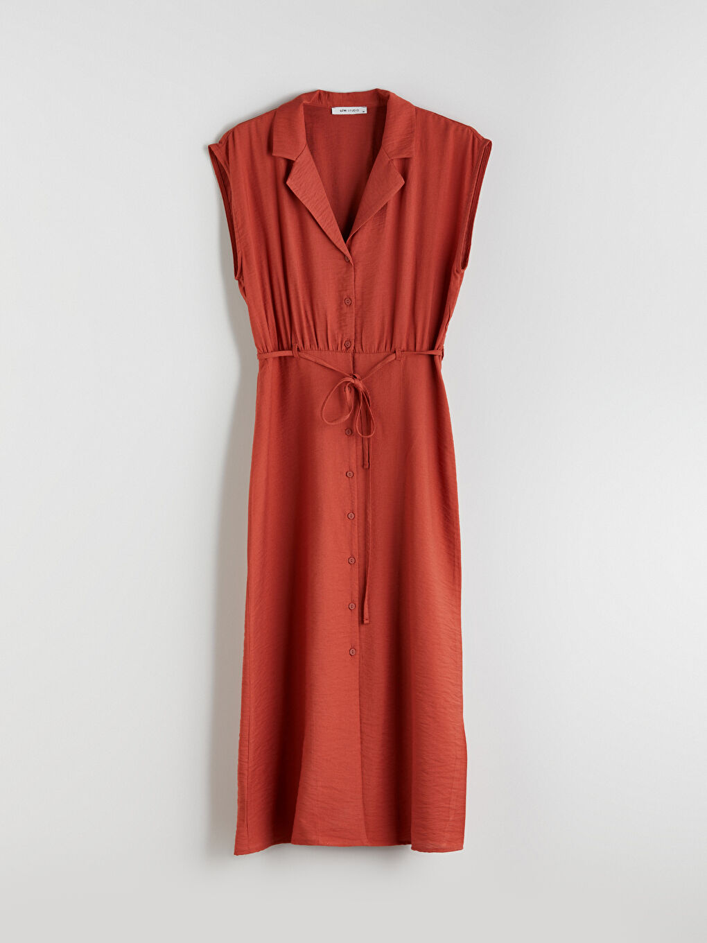 Turuncu Beli Kuşaklı Büzglü Gömlek Elbise-4