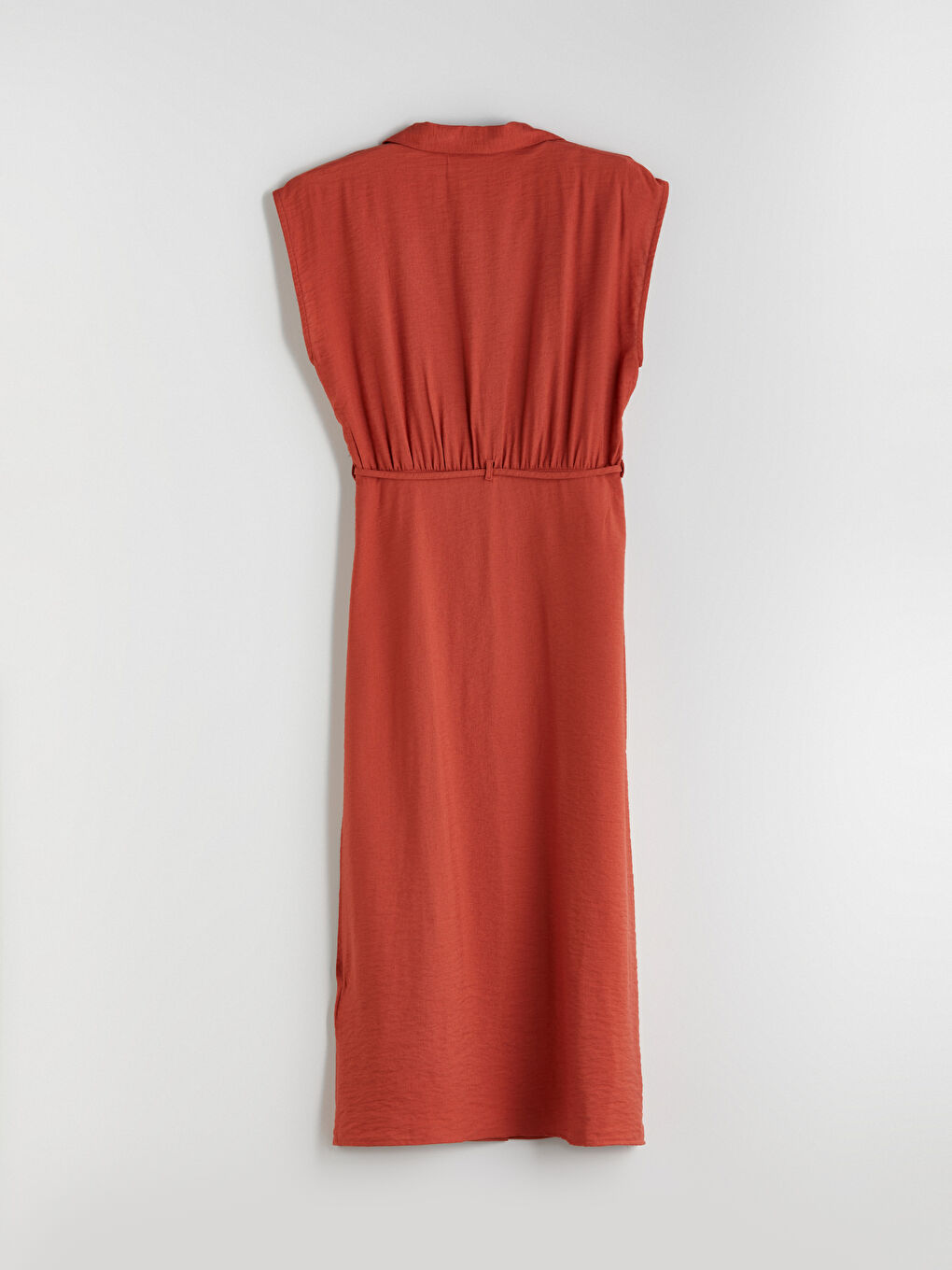 Turuncu Beli Kuşaklı Büzglü Gömlek Elbise-5