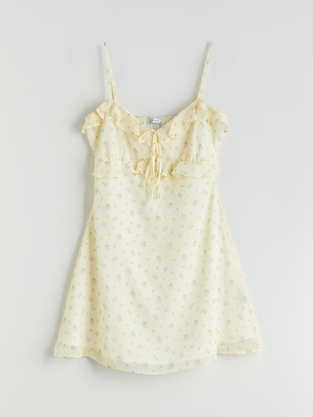 Sarı V Yaka Çiçekli Şifon Mini Elbise-4