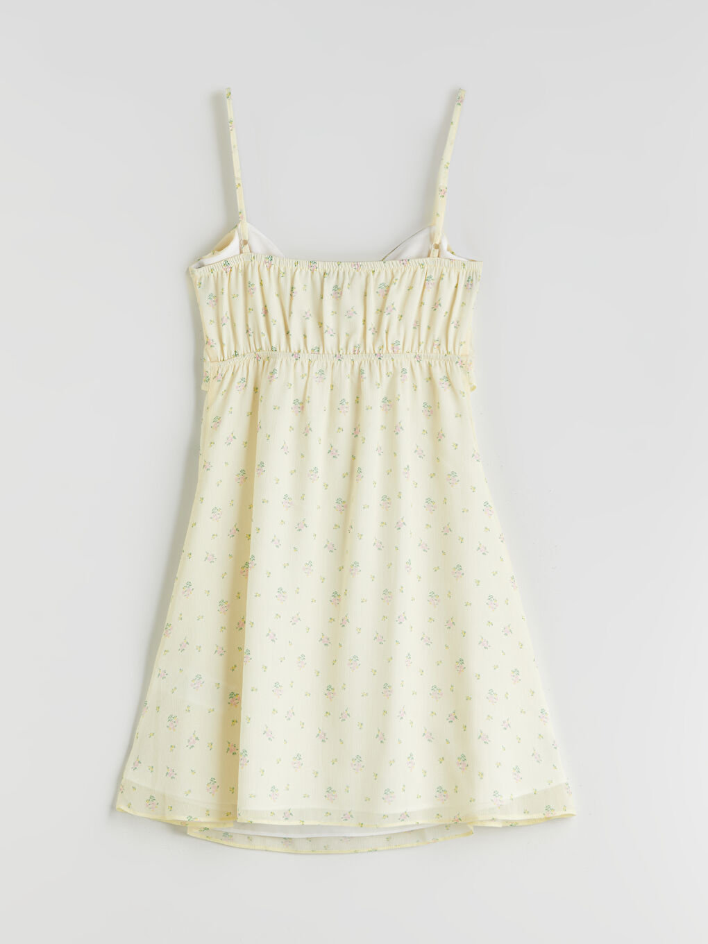 Sarı V Yaka Çiçekli Şifon Mini Elbise-5