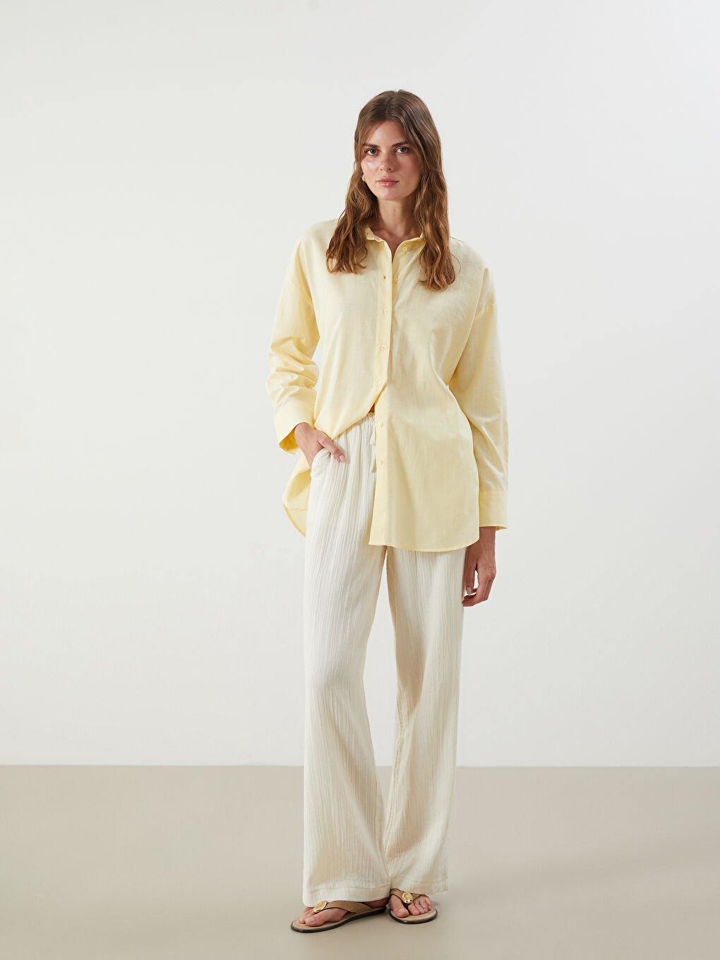 Elasticated Waist Textured Wide Leg Women's Trousers -S5QA51Z8-FDH
