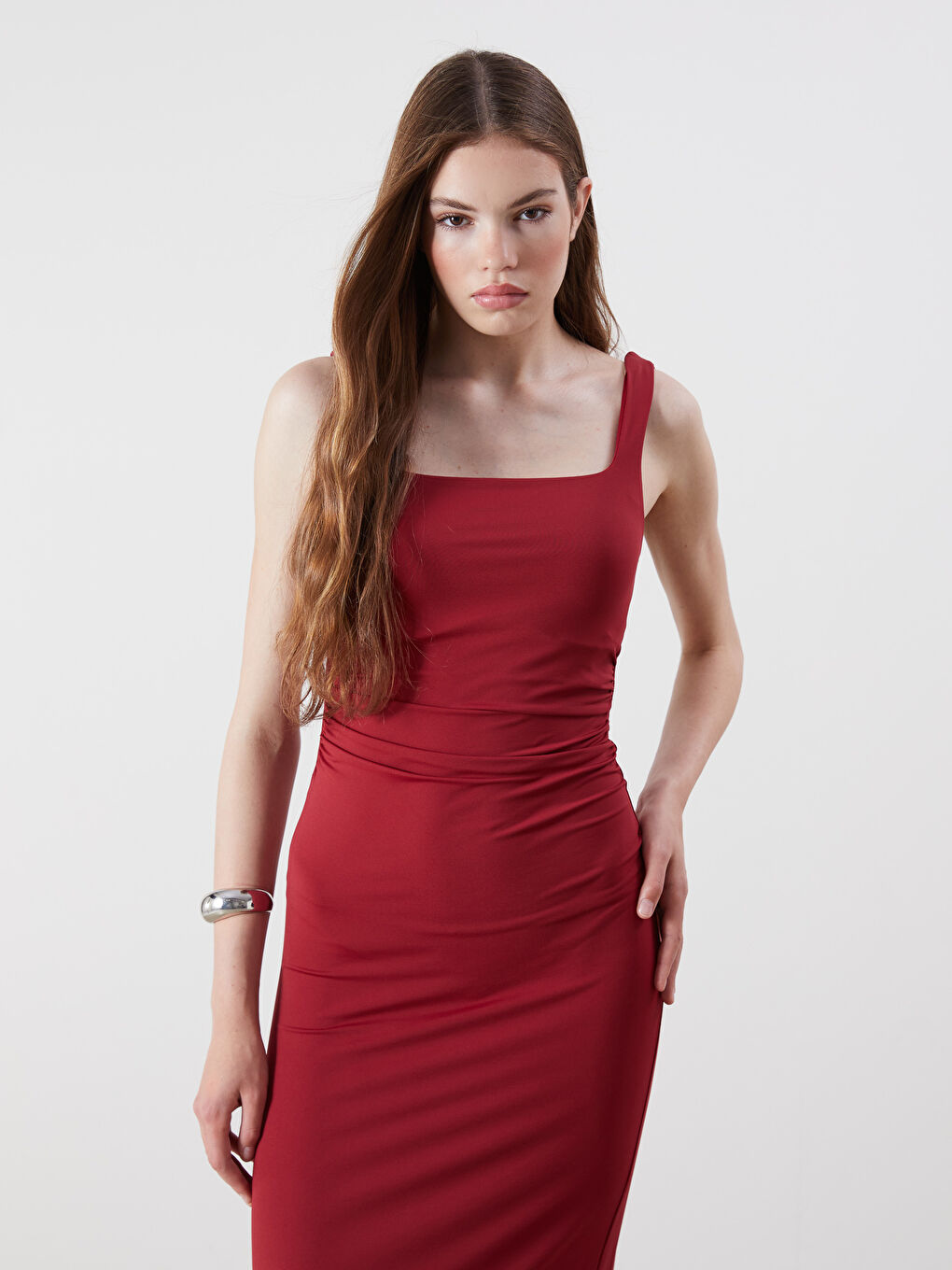 Bordo Kare Yaka Büzgülü Bodycon Elbise-1