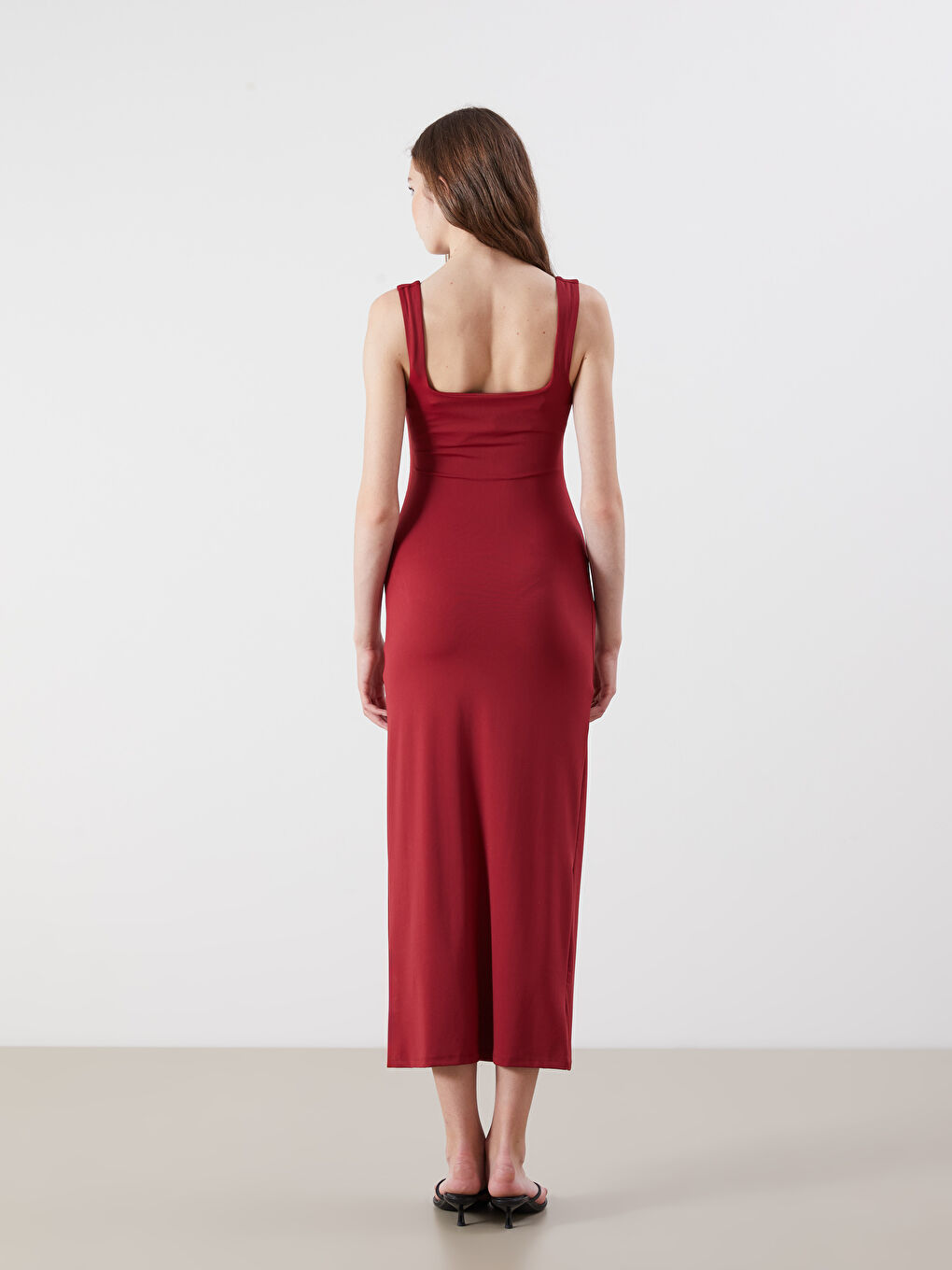 Bordo Kare Yaka Büzgülü Bodycon Elbise-3