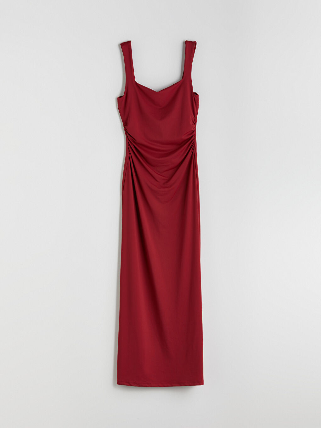 Bordo Kare Yaka Büzgülü Bodycon Elbise-4