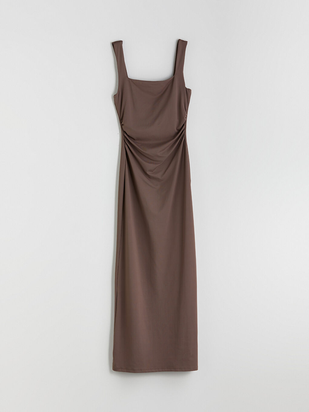 Kahverengi Kare Yaka Büzgülü Bodycon Elbise-4