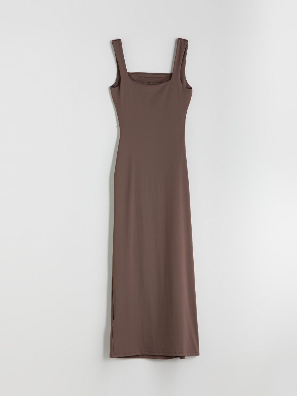 Kahverengi Kare Yaka Büzgülü Bodycon Elbise-5