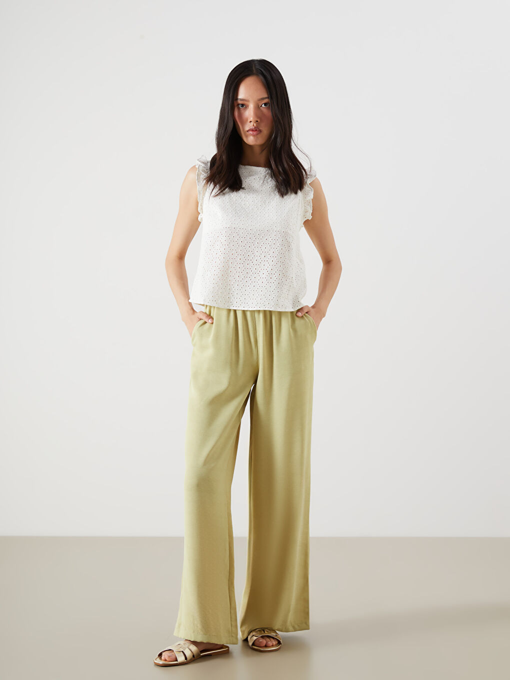 LCW Vision Elastic Waist Wide Leg Women's Trousers -S5QA85Z8-STV