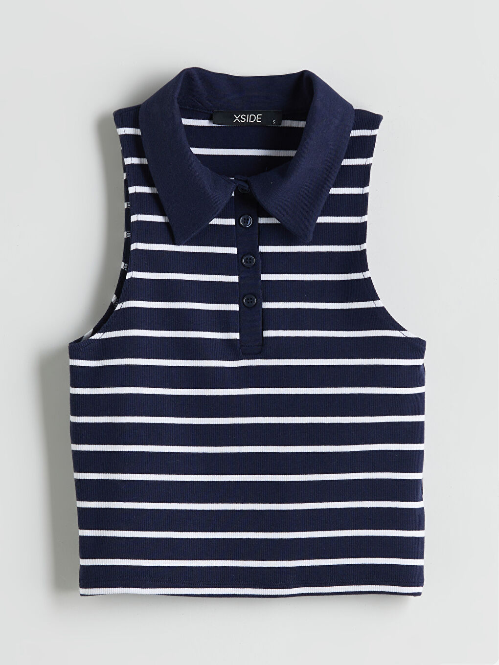 Lacivert Polo Yaka Çizgili Crop-4