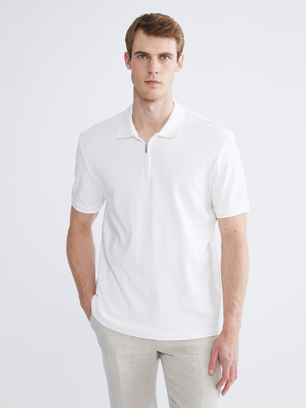 Ekru Polo Yaka Pike Erkek Tişört-1