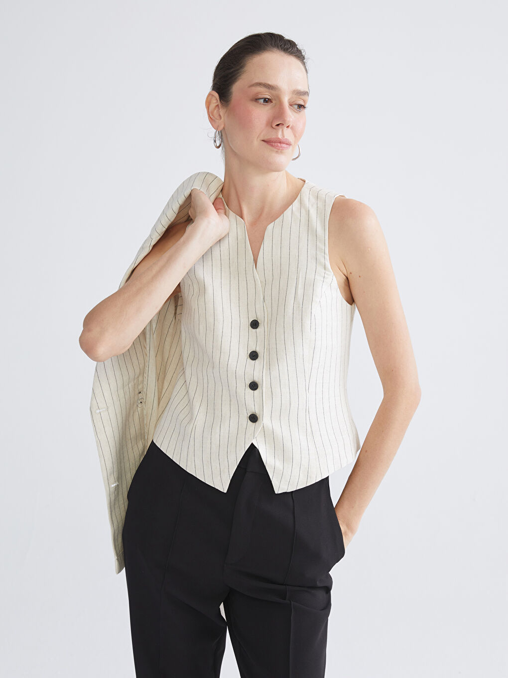 V-Neck Striped Linen Blend Women's Classic Waistcoat-2