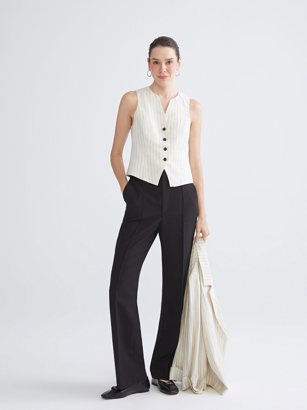 V-Neck Striped Linen Blend Women's Classic Waistcoat-4