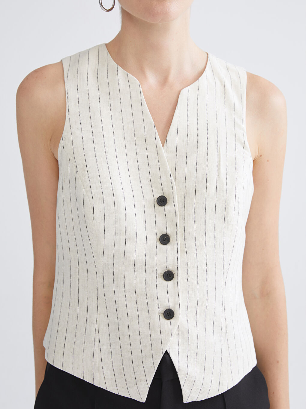 V-Neck Striped Linen Blend Women's Classic Waistcoat-7
