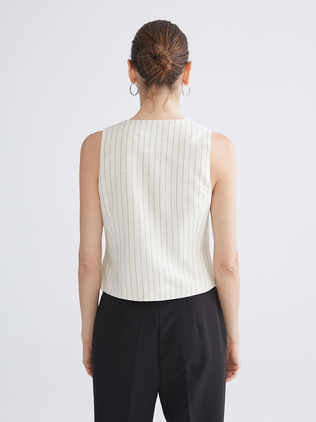 V-Neck Striped Linen Blend Women's Classic Waistcoat-10