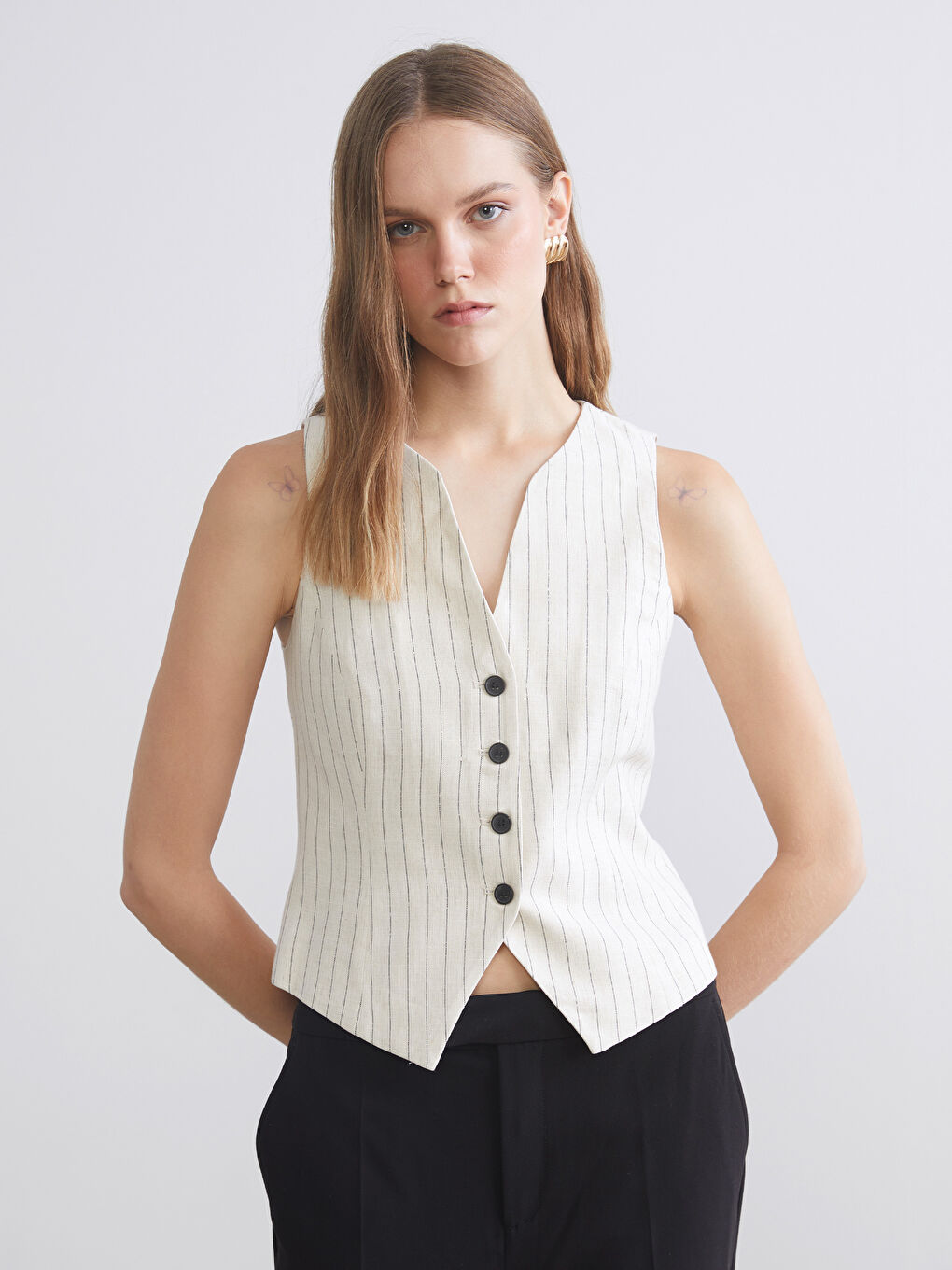V-Neck Striped Linen Blend Women's Classic Waistcoat-1