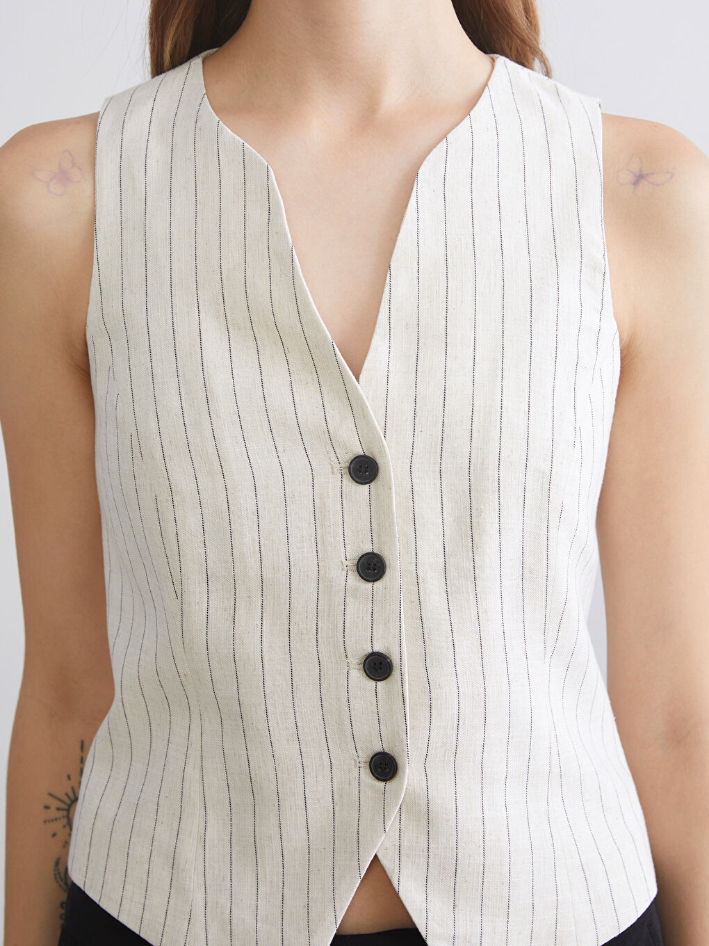 V-Neck Striped Linen Blend Women's Classic Waistcoat-6