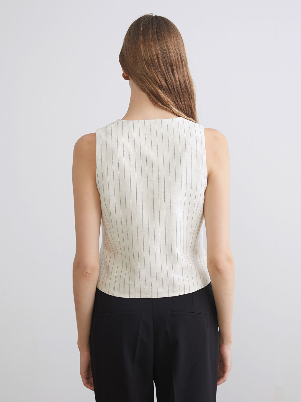 V-Neck Striped Linen Blend Women's Classic Waistcoat-9