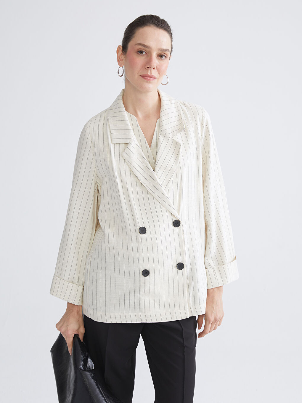 Striped Linen Blend Women's Blazer Jacket-2