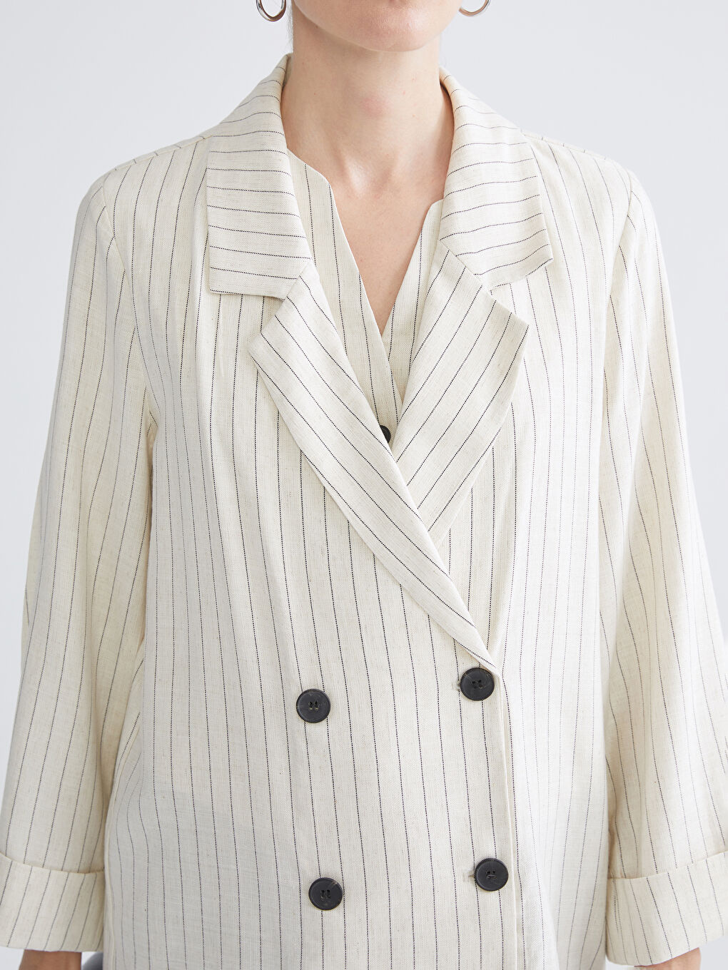 Striped Linen Blend Women's Blazer Jacket-7