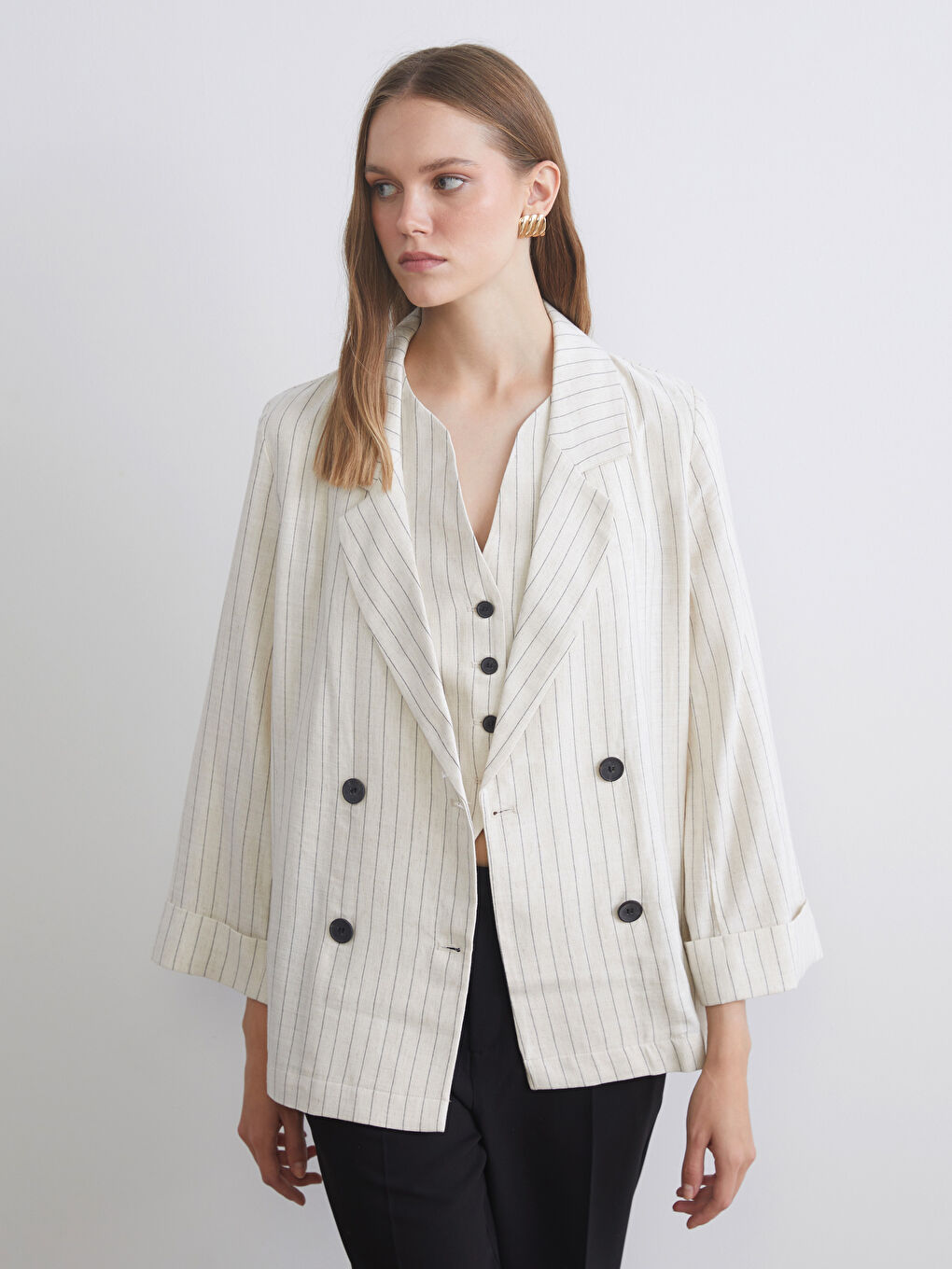 Striped Linen Blend Women's Blazer Jacket-1