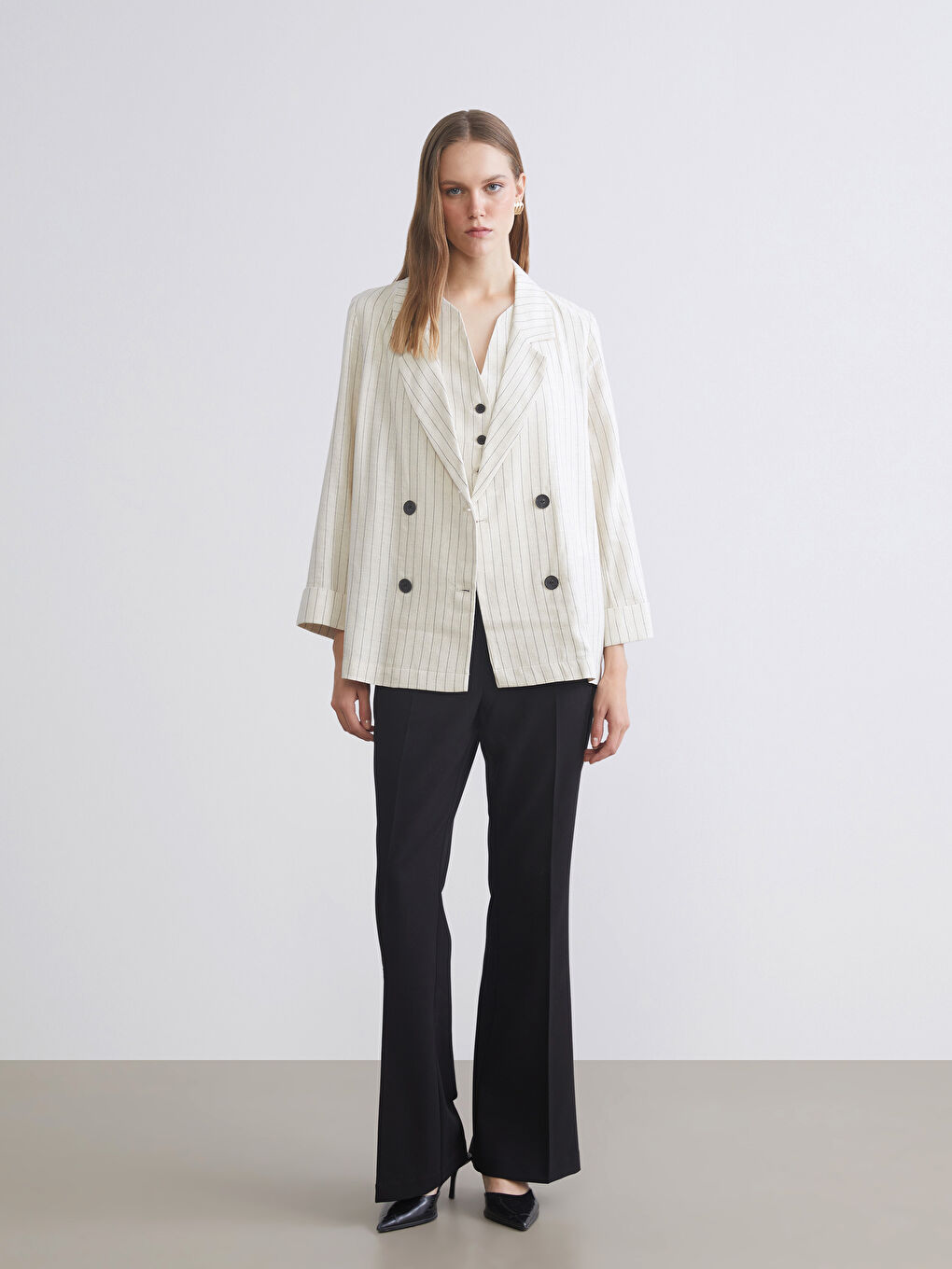 Striped Linen Blend Women's Blazer Jacket-3