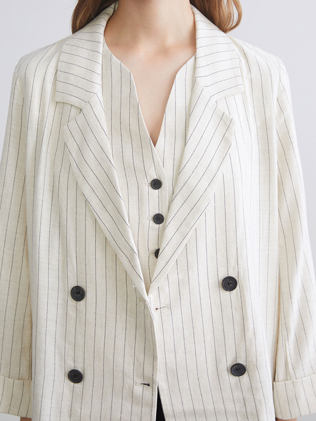 Striped Linen Blend Women's Blazer Jacket-6