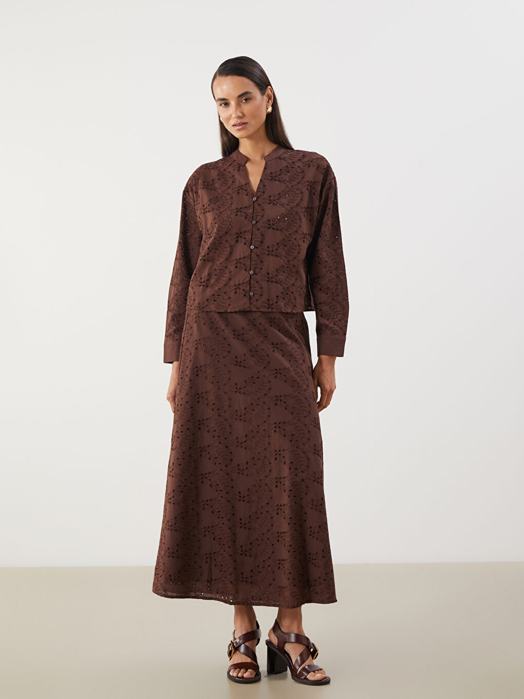 Notch Neck Hole-Knitted Broderie Women's Shirt-1