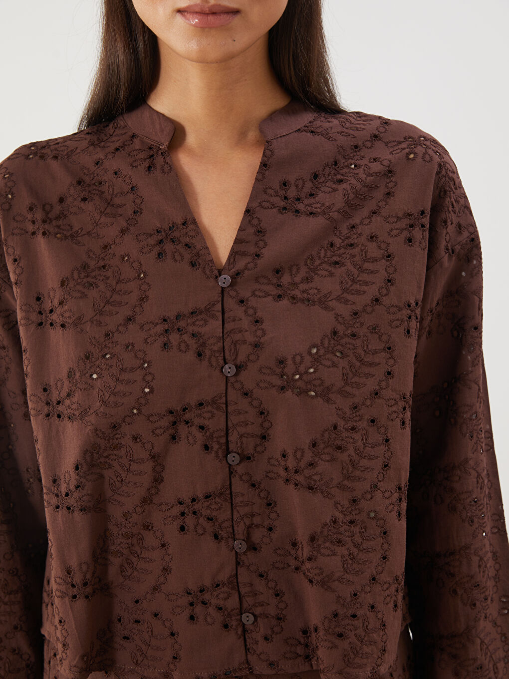 Notch Neck Hole-Knitted Broderie Women's Shirt-2