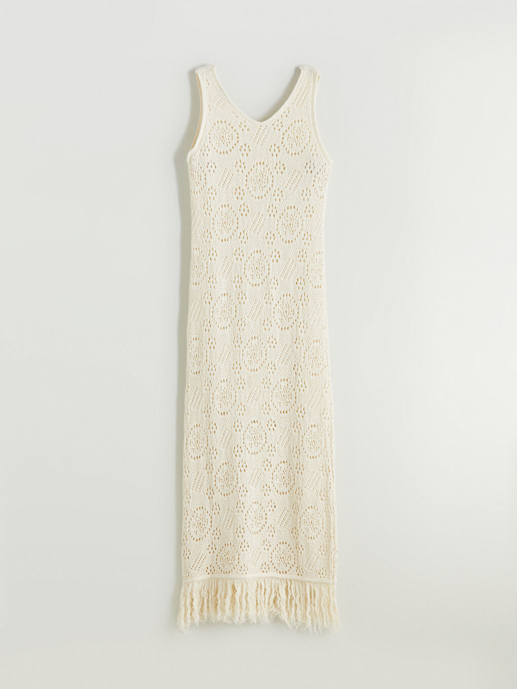 Ekru V Yaka Ajurlu Triko Elbise-6