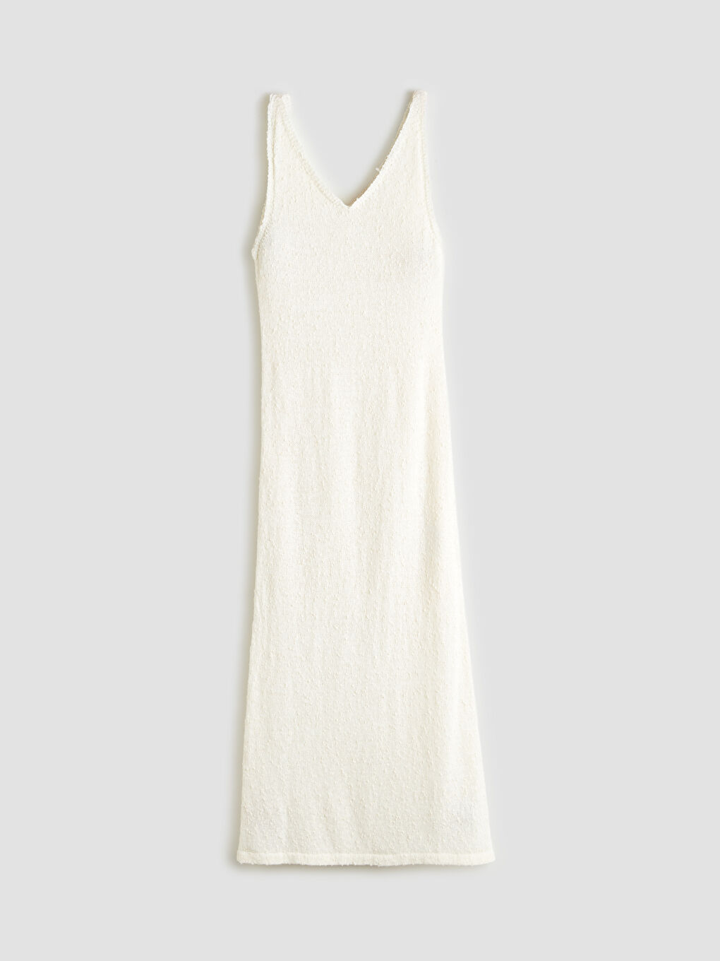 Ekru V Yaka Dokulu Triko Elbise-5