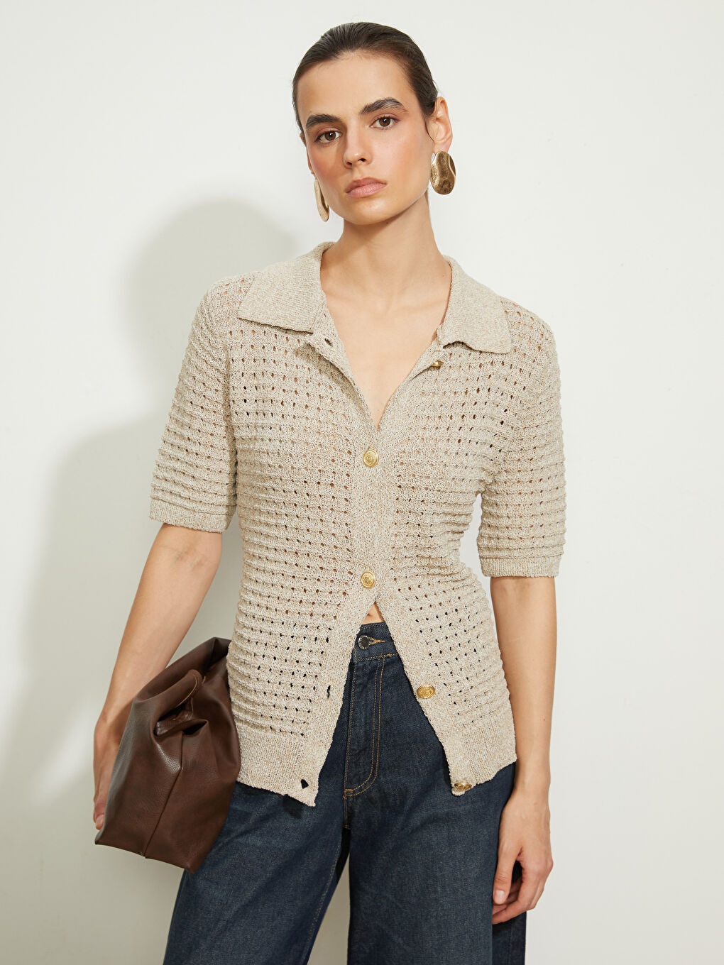 Bej Polo Yaka Ajurlu Kadın Triko Yelek-1