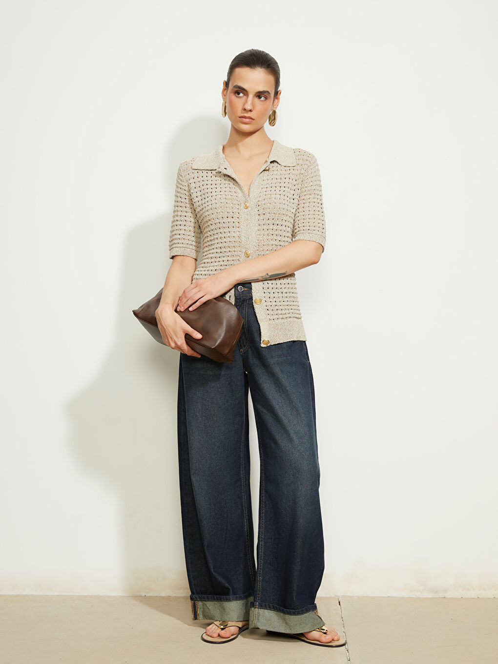 Bej Polo Yaka Ajurlu Kadın Triko Yelek-2