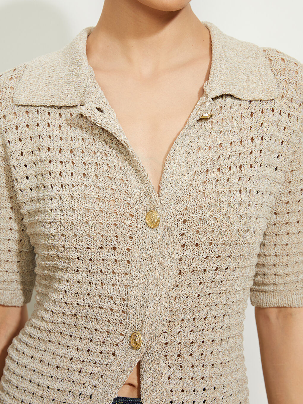 Bej Polo Yaka Ajurlu Kadın Triko Yelek-4