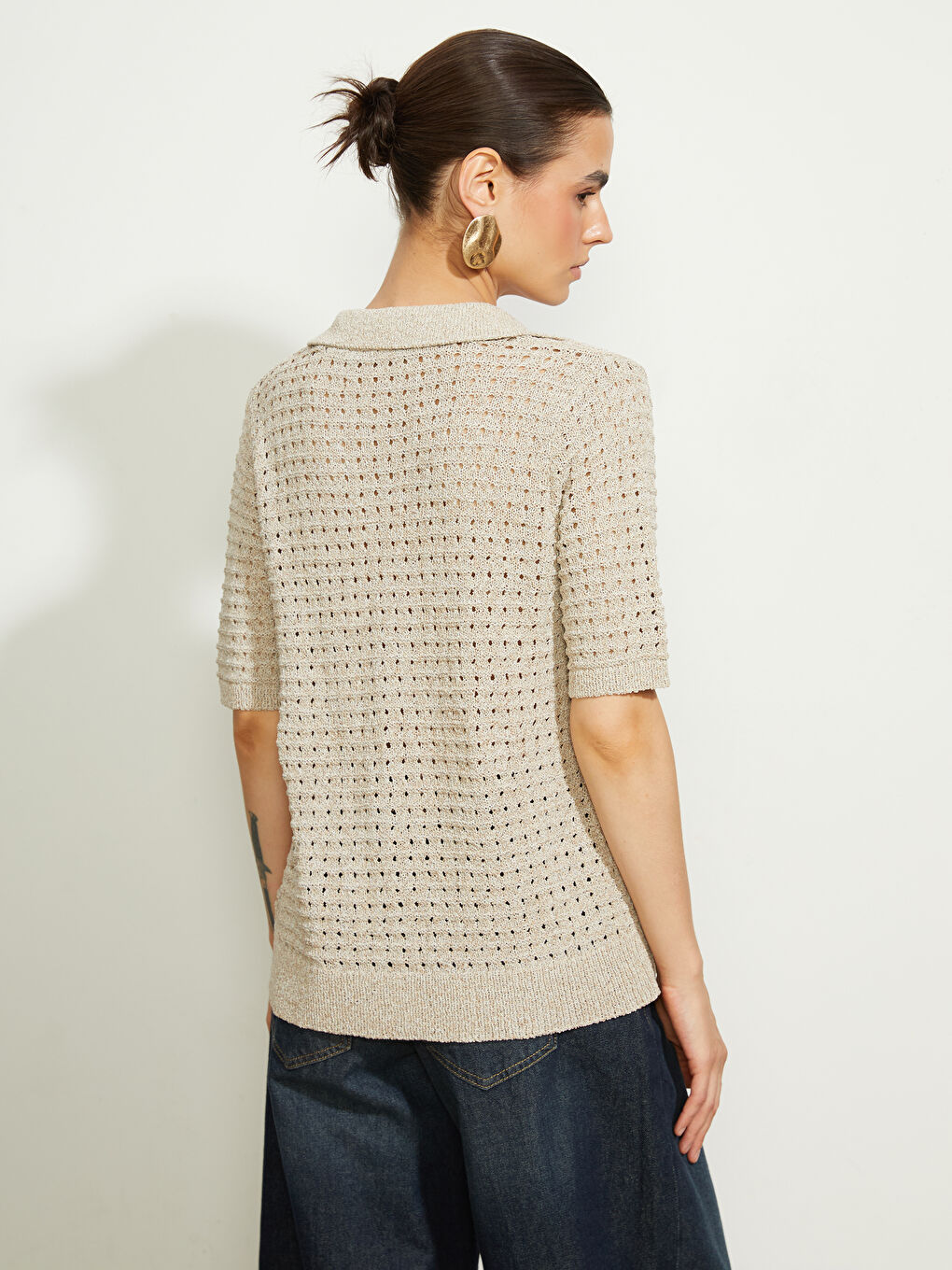 Bej Polo Yaka Ajurlu Kadın Triko Yelek-6