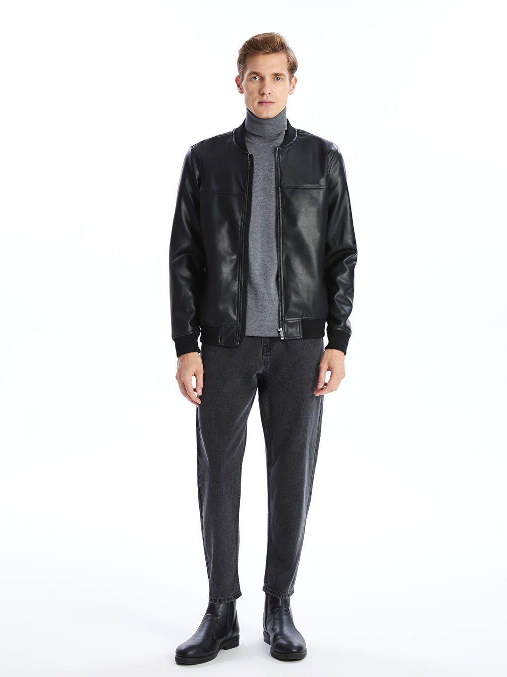 معطف جلد صناعي كلية عادي رجال-3