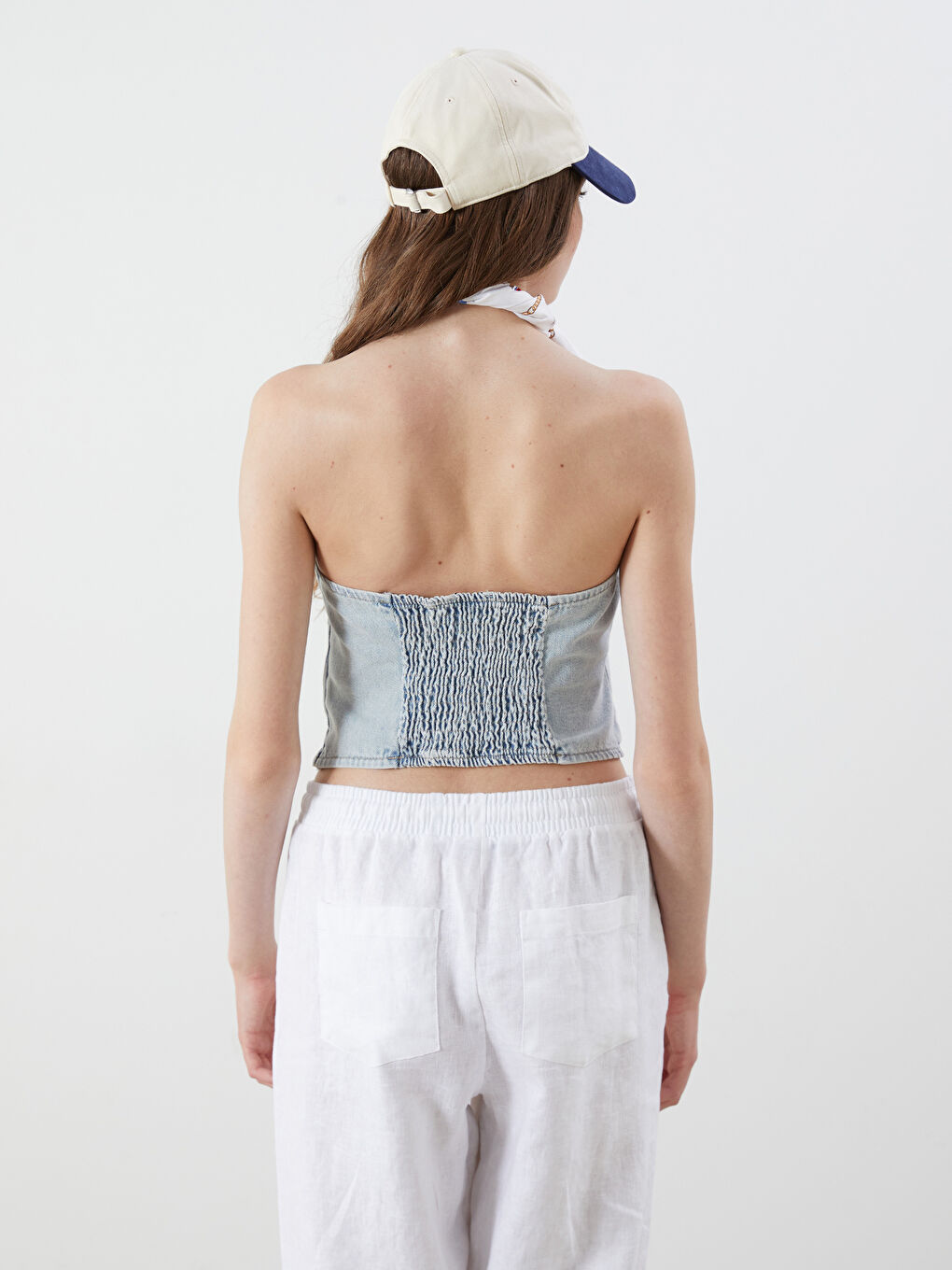 Mavi Straplez Yaka Jean Crop-3