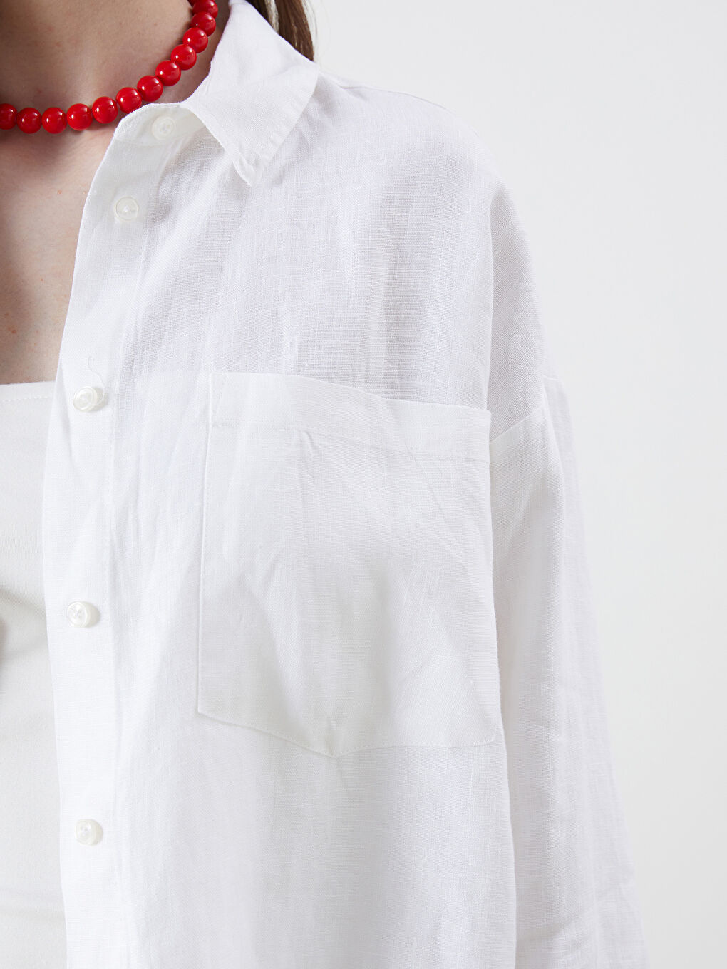 Beyaz %100 Keten Oversize Kadın Gömlek-5