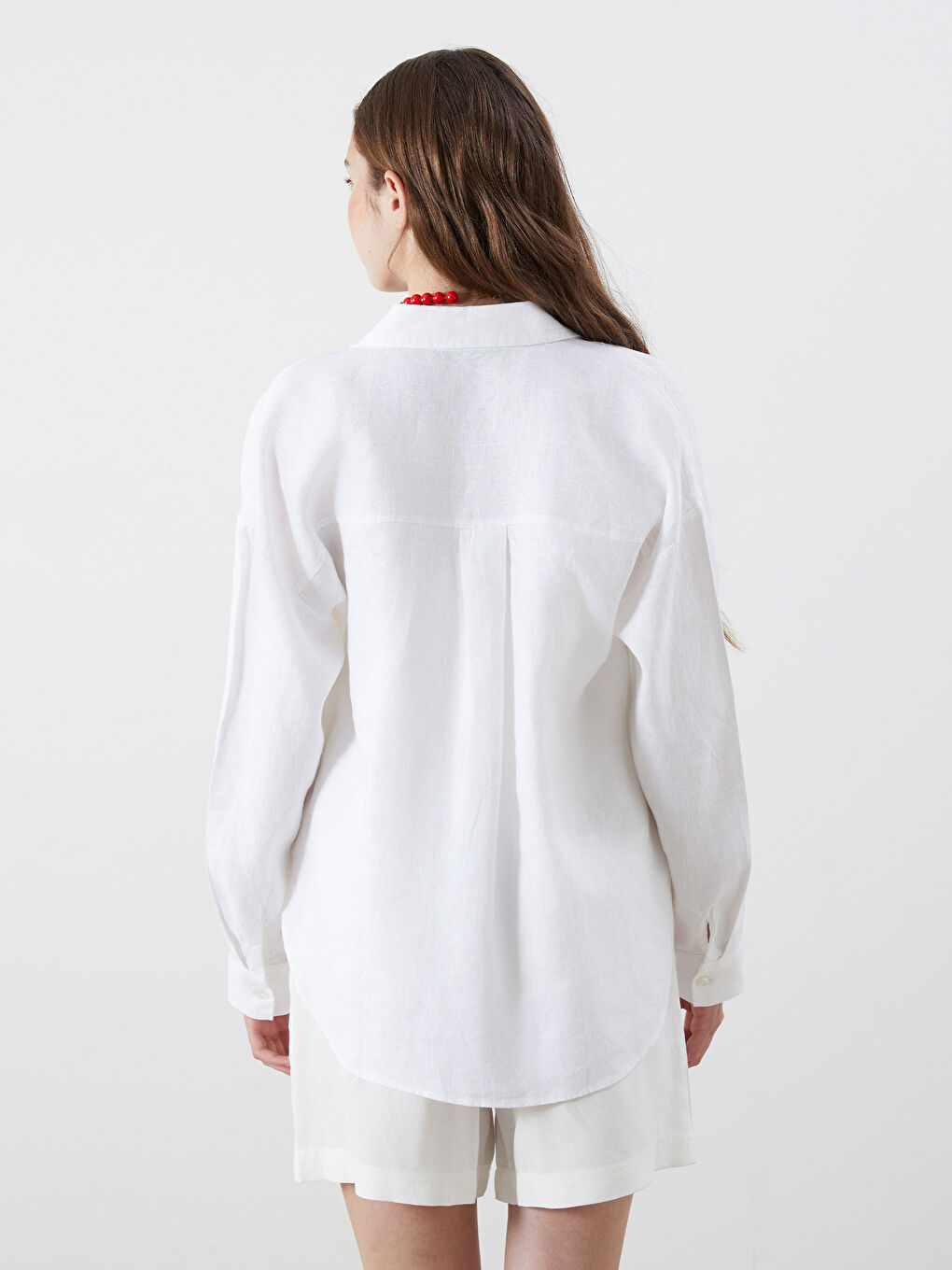 Beyaz %100 Keten Oversize Kadın Gömlek-7