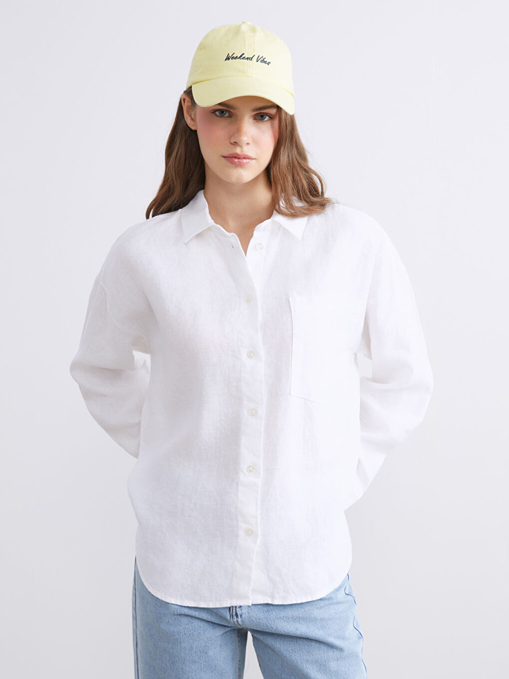 Beyaz %100 Keten Oversize Kadın Gömlek-1